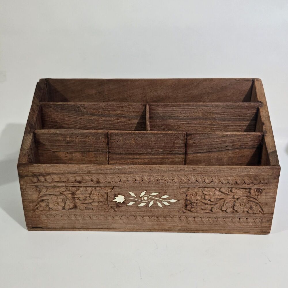 Vintage- Desk Organizer - Boho Style Handcarved Teak Wood Letter Filer